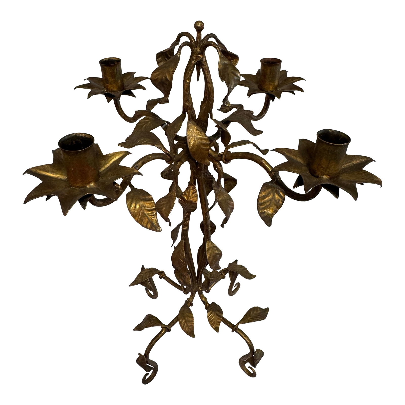 Vintage Gold Toned Leaf Motif Four-Arm Candleholder - Hollywood Regency Style: Striking and sculptural, this vintage gold-toned candle-holder features an elegant foliate design with flowing arms, hand-formed leaves, and a balanced four-light configuration. The organic