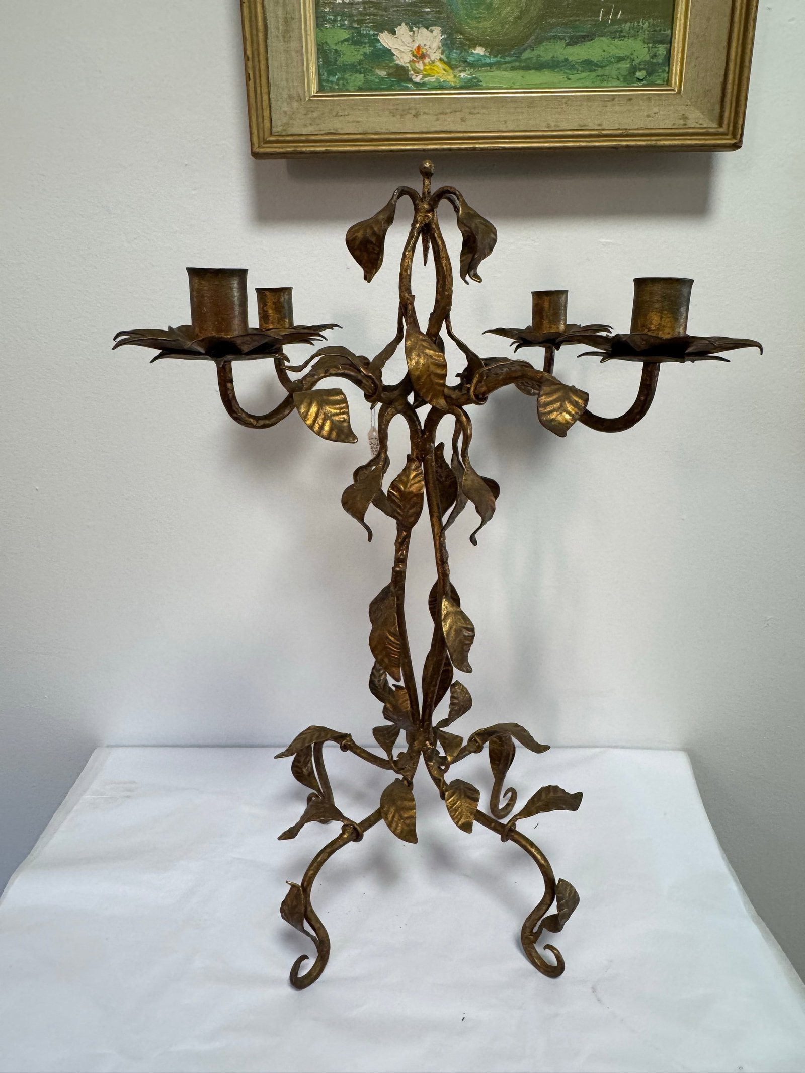 Vintage Gold Toned Leaf Motif Four-Arm Candleholder - Hollywood Regency Style - 2