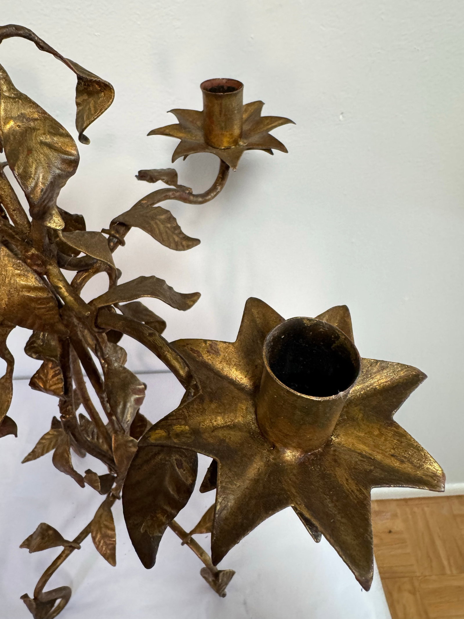 Vintage Gold Toned Leaf Motif Four-Arm Candleholder - Hollywood Regency Style - 5