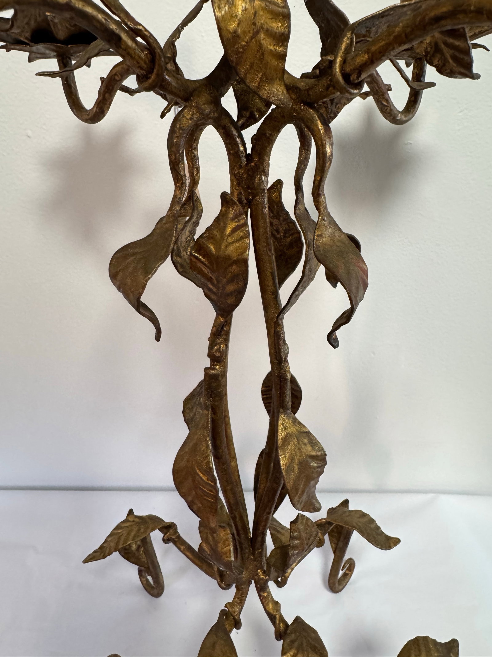 Vintage Gold Toned Leaf Motif Four-Arm Candleholder - Hollywood Regency Style - 6