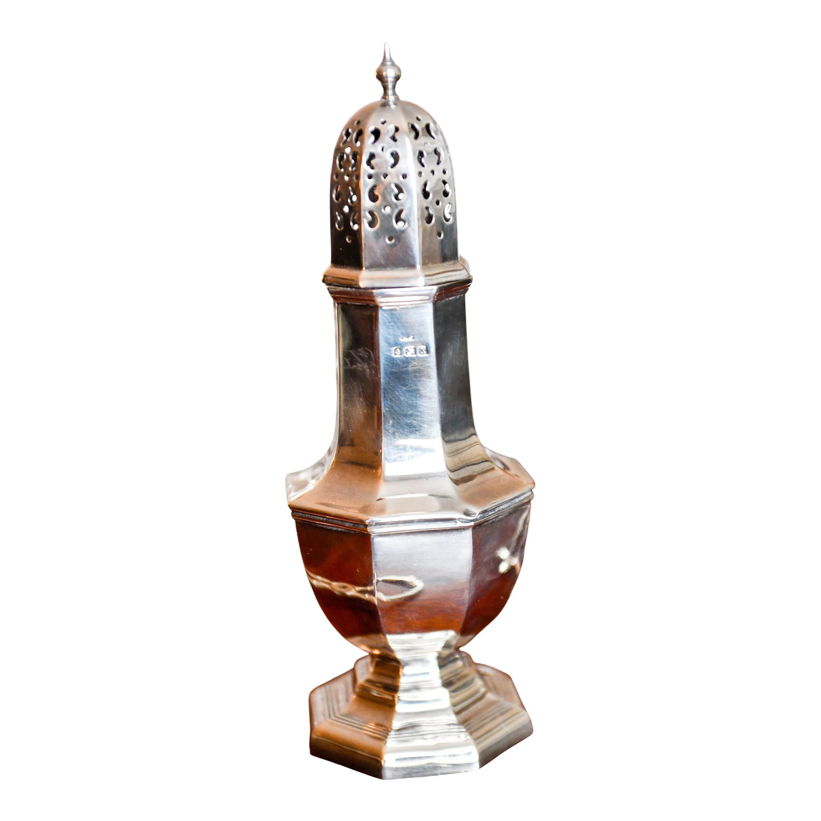 1897 Sterling Silver English Muffineer Birmingham England 8.25" High: Celebrate British craftsmanship with this stunning 8.25-inch tall sterling silver muffineer measured to the top if its delightful silver finial. This impressive piece was hallmarked in Birmingham in