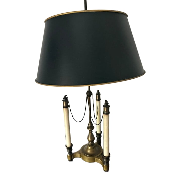 Late 20th Century French Bouillote Lamp: This lamp has been in my family for 65+ years. It has a brass base with three candlestick arms and black shade. This design includes delicate chains connecting the arms to the finial at the top. Condi