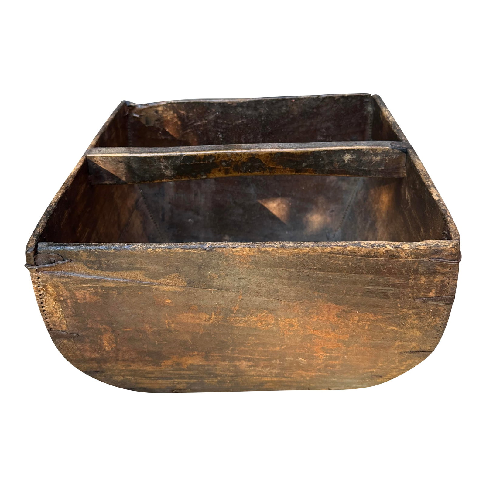 Large Antique Japanese Primitive Wooden Rice Grain Box: An authentic antique wooden grain storage box, traditionally referred to as a Chinese rice bucket, dating to the late 19th-early 20th century. This substantial utilitarian piece is handcrafted from th