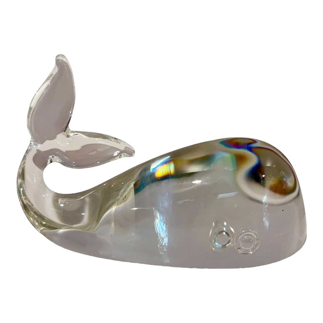 1950s Signed Steuben Crystal Whale Sculpture - 5.5" Art Glass Figure: An elegant signed Steuben crystal whale sculpture, measuring approximately 5.5 inches in length. This beautifully sculpted art glass figure captures the graceful curve of a whale mid-swim, with tail
