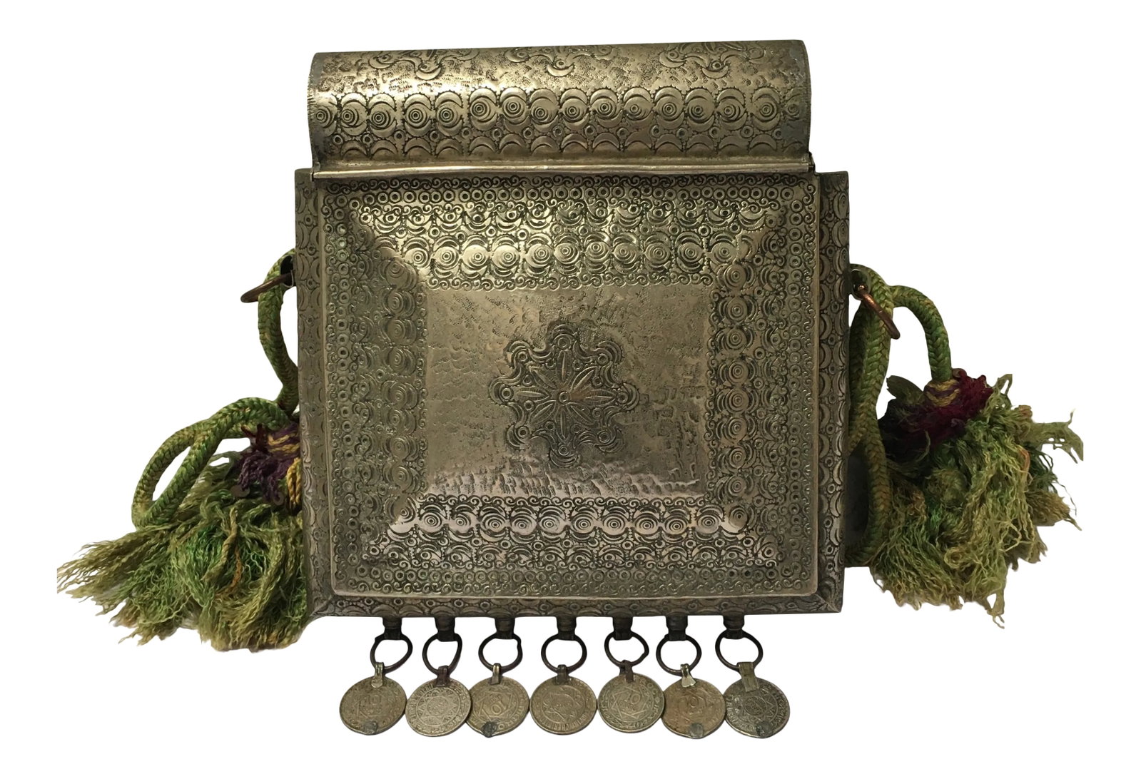 1940s Moroccan Silverton Metal Container: This is handmade and very ornate repousse in a silver white metal case. The 7 coins on the bottom are marked 10 Francs Maroc, Empire cherified with 1366 inside the circle. The lid slides on and off.