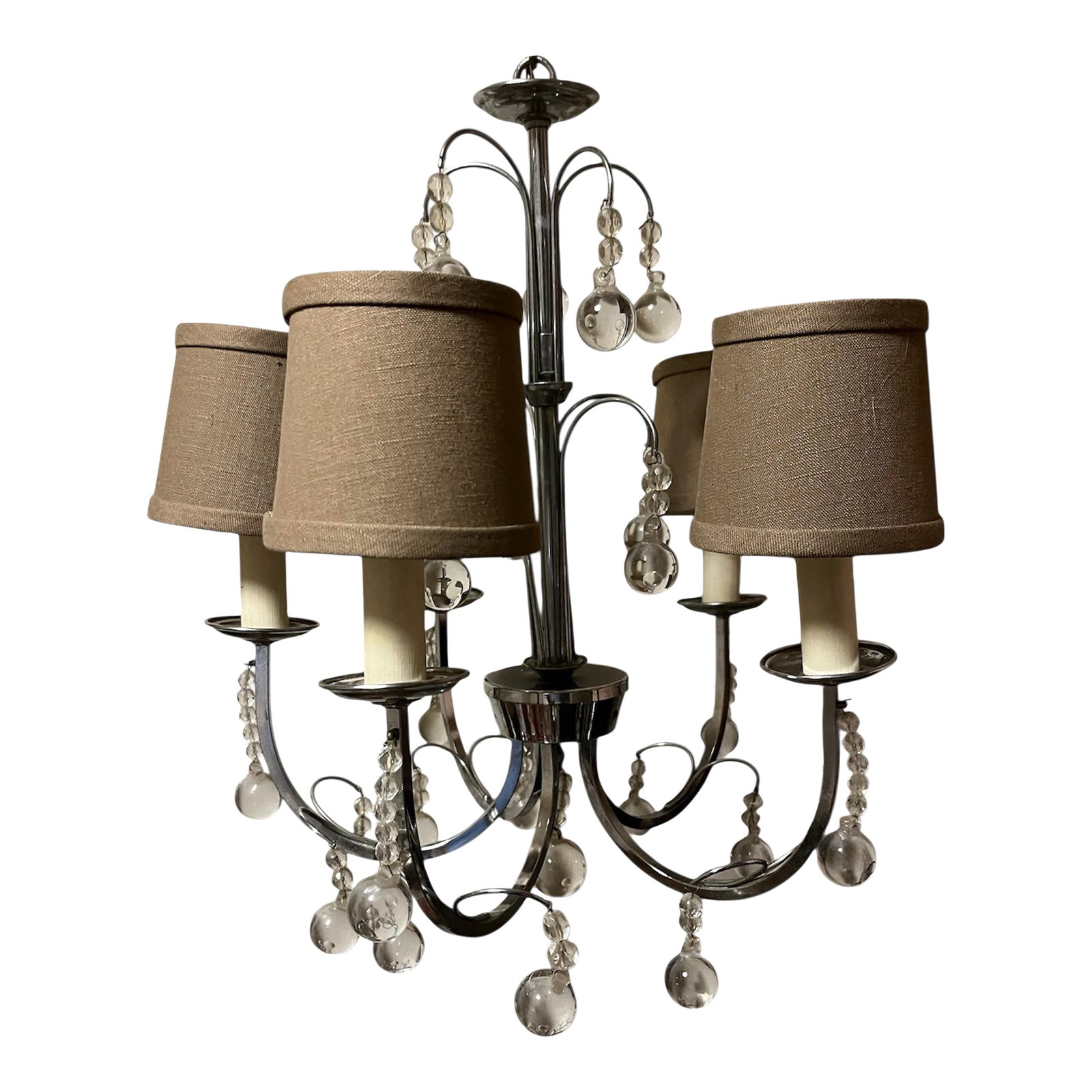 French Vintage 5 Arm Chandelier With Glass Orb Drops: Elegant, decorator installed 5 light chandelier featuring real blown glass orbs and accented with glass beads. Transitional design for dining room, bedroom or refined living space. Purchased in