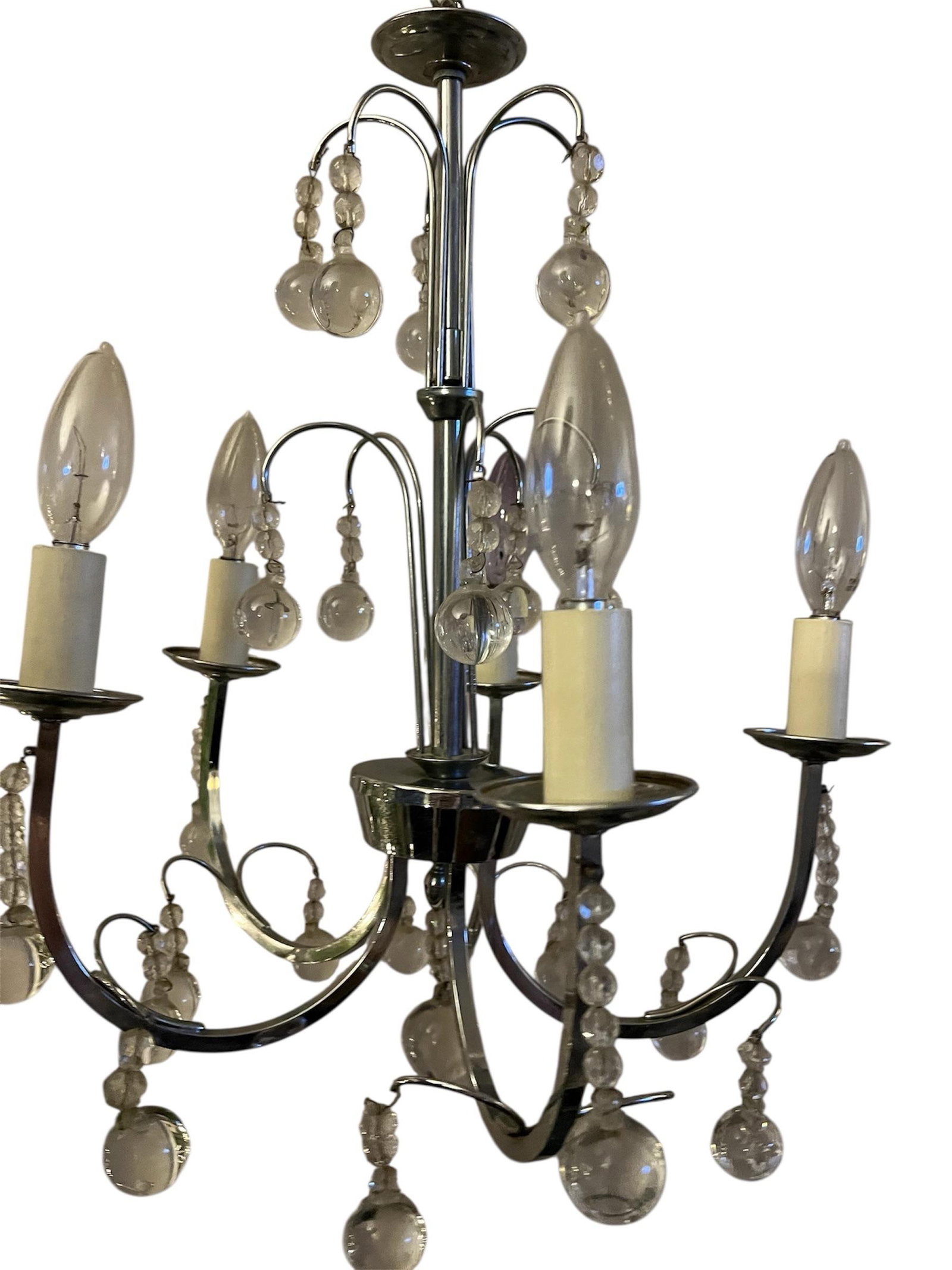 French Vintage 5 Arm Chandelier With Glass Orb Drops - 3