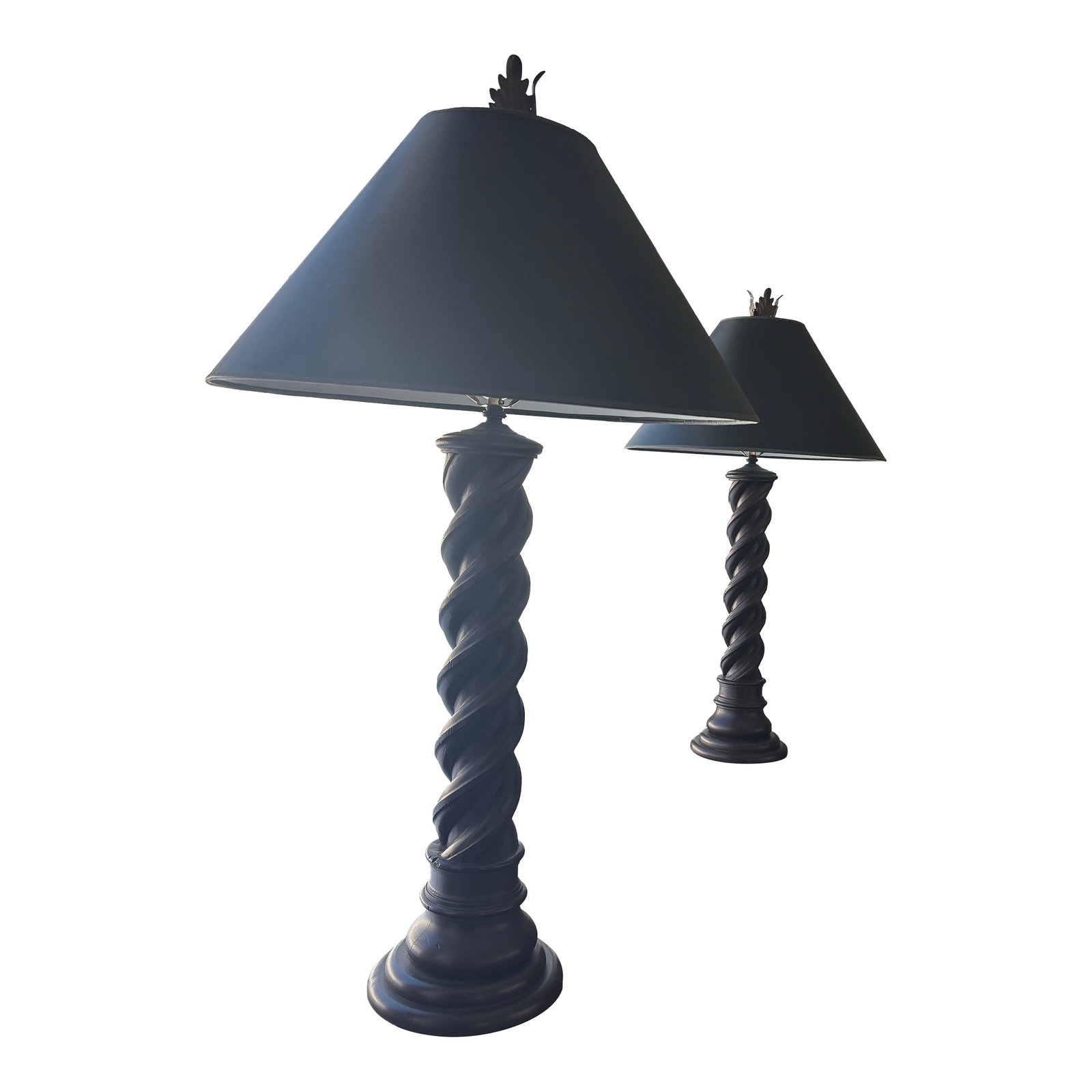 Pair of Wooden Twist Lamps: Two solid barley twist base lamps of nice form and proportion w acanthus finials. Condition: Alterations: Original Condition Unaltered Imperfections: Some Imperfections Condition Notes: Excellent cond