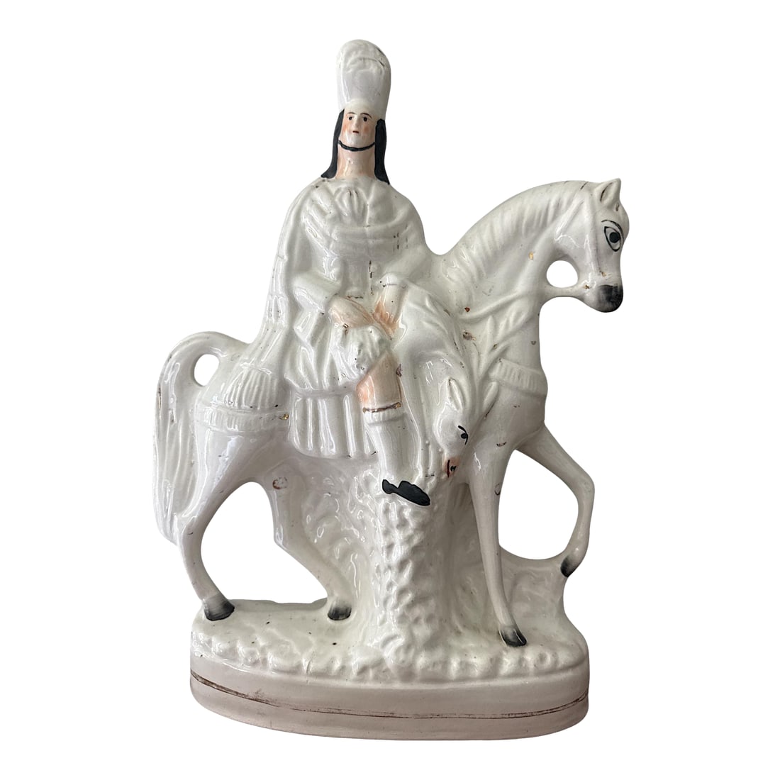 19th-Century English Staffordshire Flatback Horse and Rider Figure C. 1860-80: A 19th-century English Staffordshire flatback horse and rider figure, dating to the Victorian period, circa 1860-1880. Measuring 143/4 inches high by 10 inches wide, this single figure offers strong