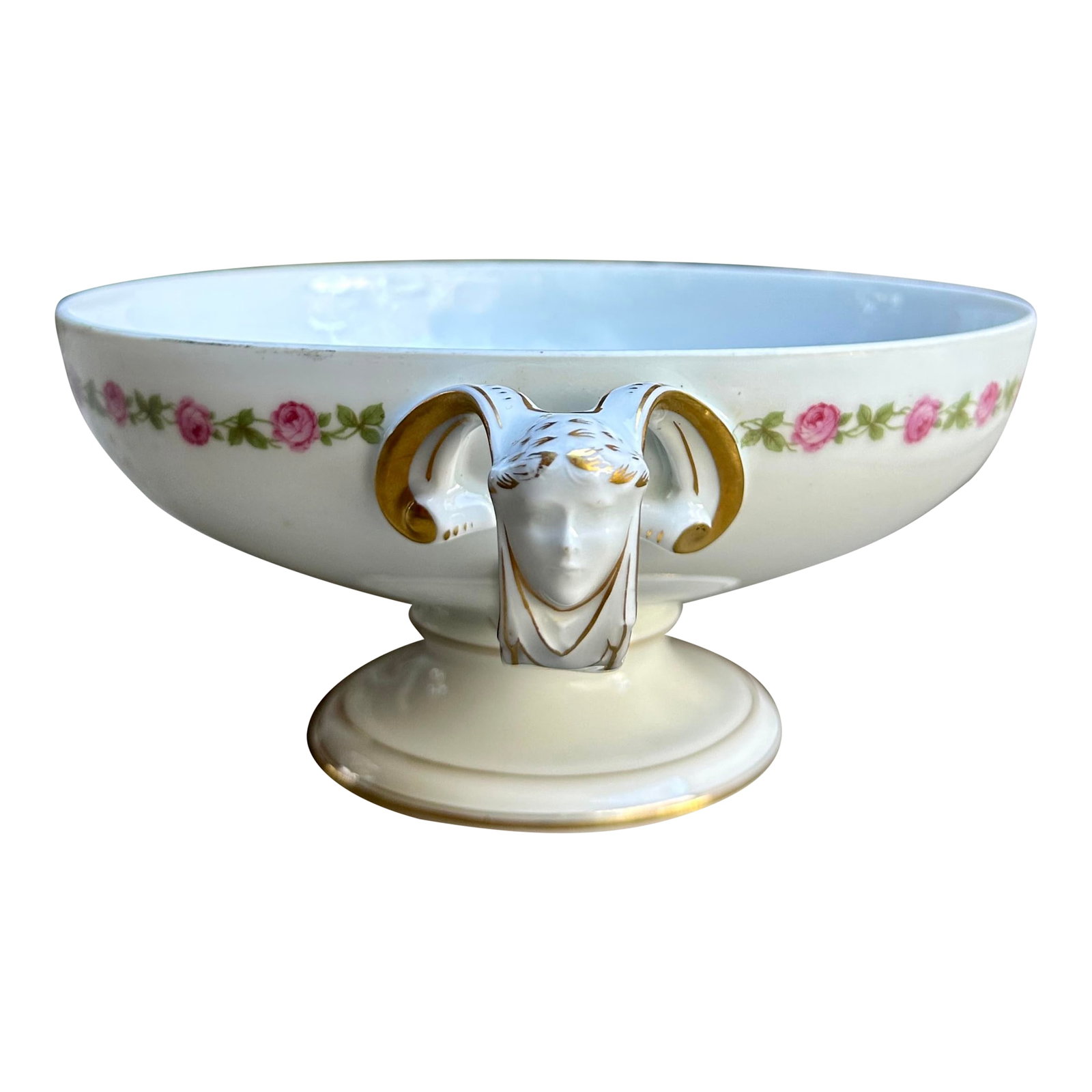 Antique Rosenthal Selb-Bavaria "Empire" Pedestal Bowl With Ram Mask Handles & Pink Rose Garland: Elegant antique pedestal bowl by Rosenthal, produced in Selb-Bavaria and marked "Empire." This refined porcelain bowl features a soft ivory ground adorned with a continuous garland of hand-applied pin