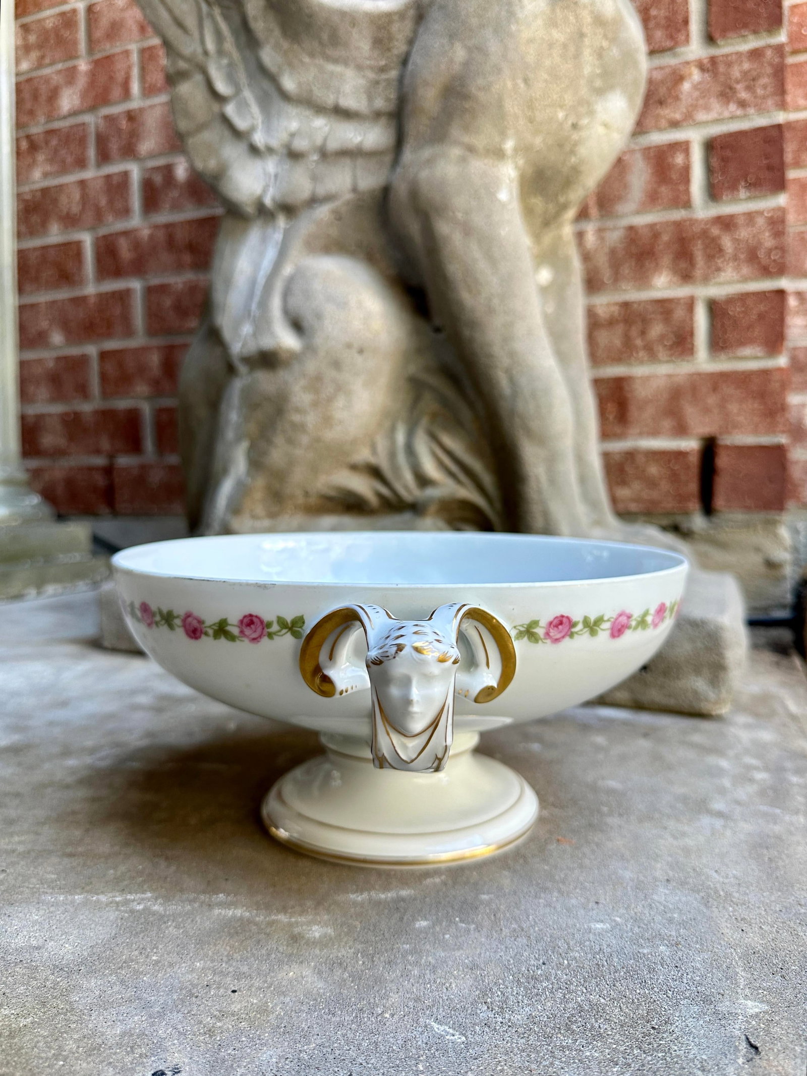 Antique Rosenthal Selb-Bavaria "Empire" Pedestal Bowl With Ram Mask Handles & Pink Rose Garland - 3
