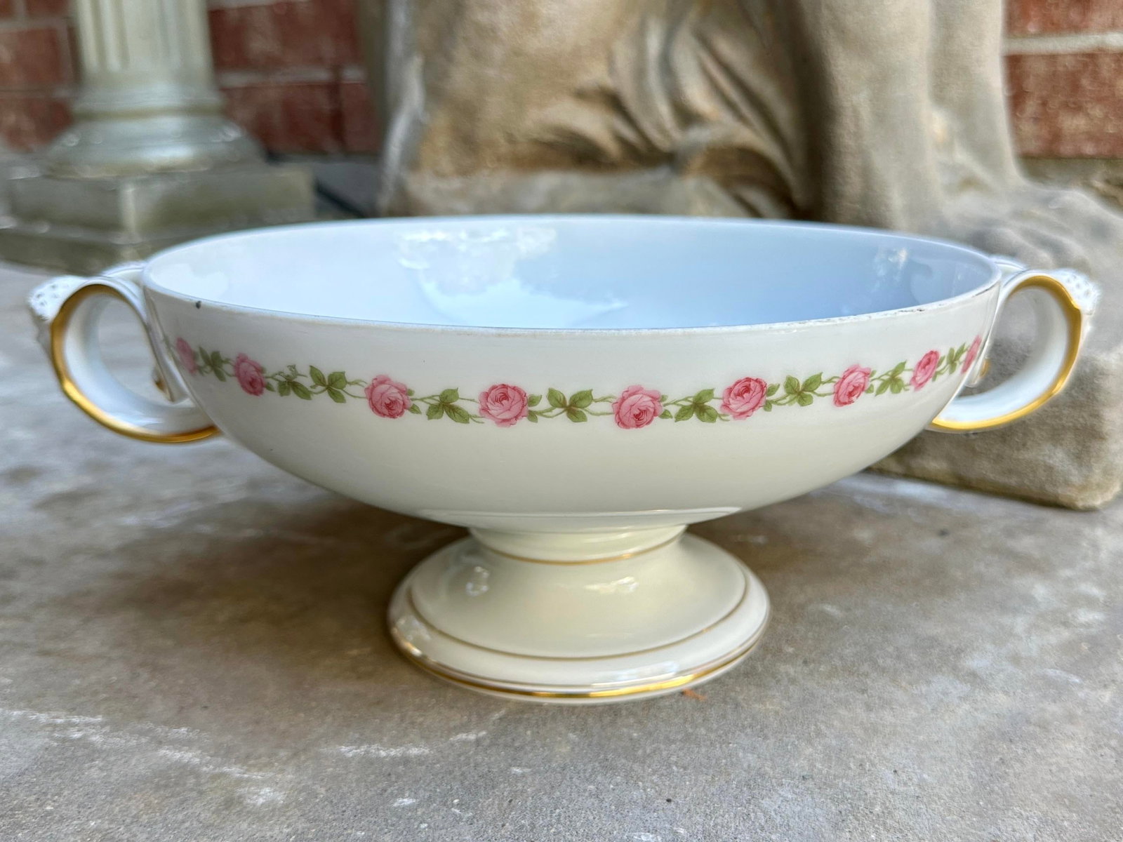 Antique Rosenthal Selb-Bavaria "Empire" Pedestal Bowl With Ram Mask Handles & Pink Rose Garland - 5