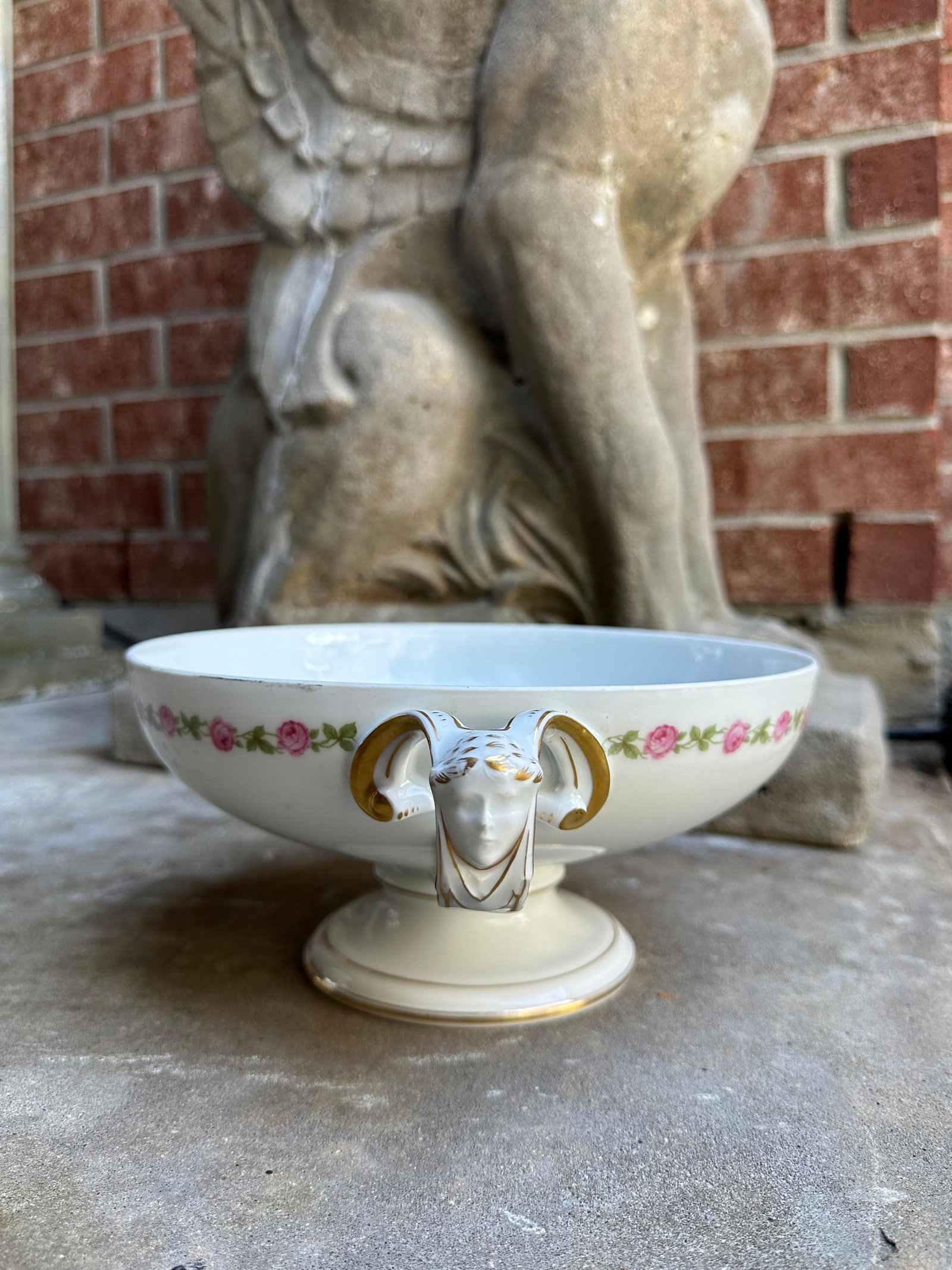 Antique Rosenthal Selb-Bavaria "Empire" Pedestal Bowl With Ram Mask Handles & Pink Rose Garland - 6