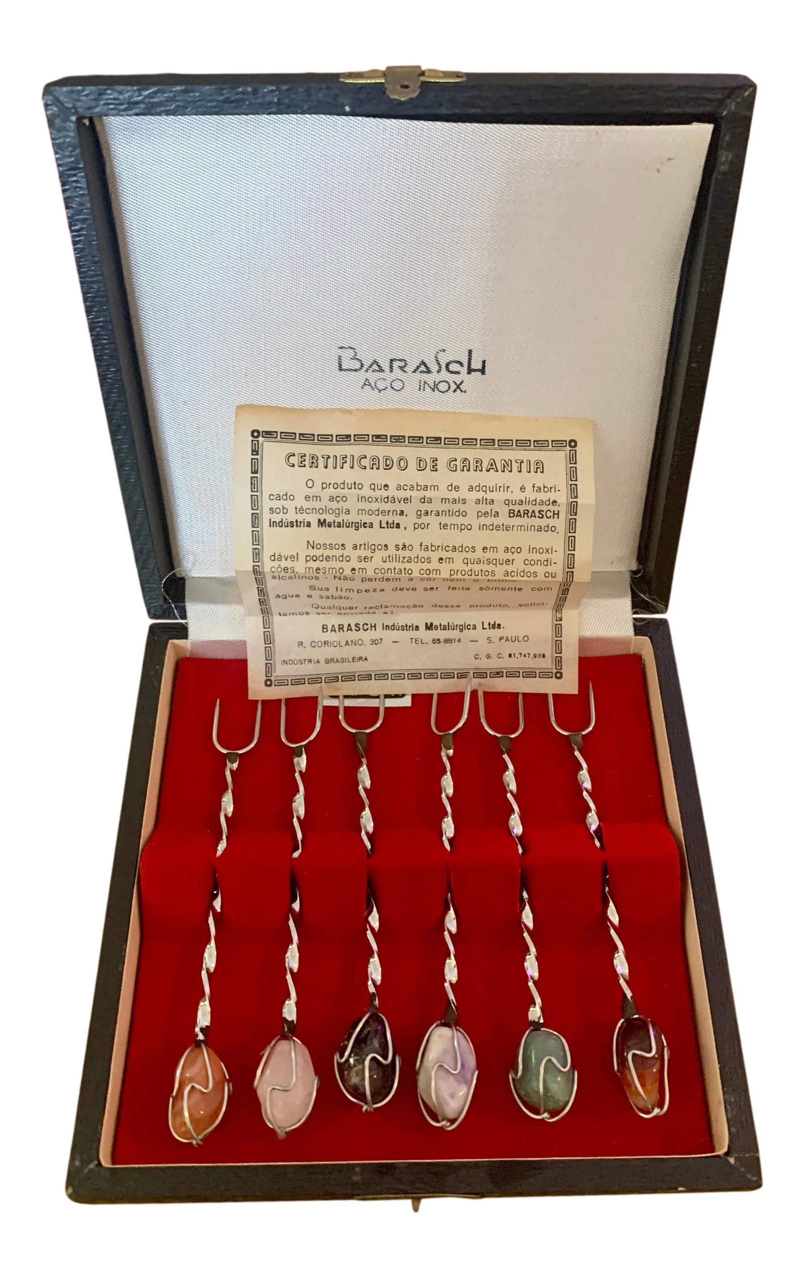 Vintage Barasch Aco Inox Semi Precious Stone Cocktail Forks- Set of 6: Vintage Barasch Aco Inox semi-precious stone cocktail forks in original box with a certificate of authenticity. Excellent condition and a very rare find! Condition: Alterations: Original Condition