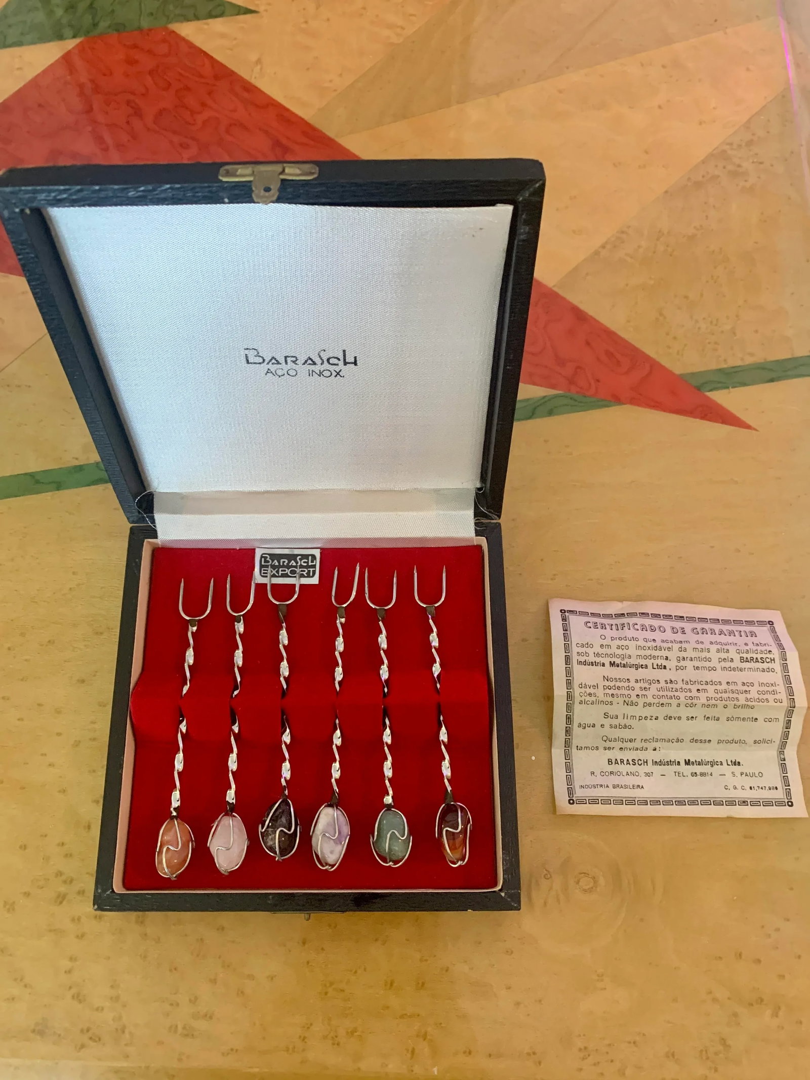 Vintage Barasch Aco Inox Semi Precious Stone Cocktail Forks- Set of 6 - 2