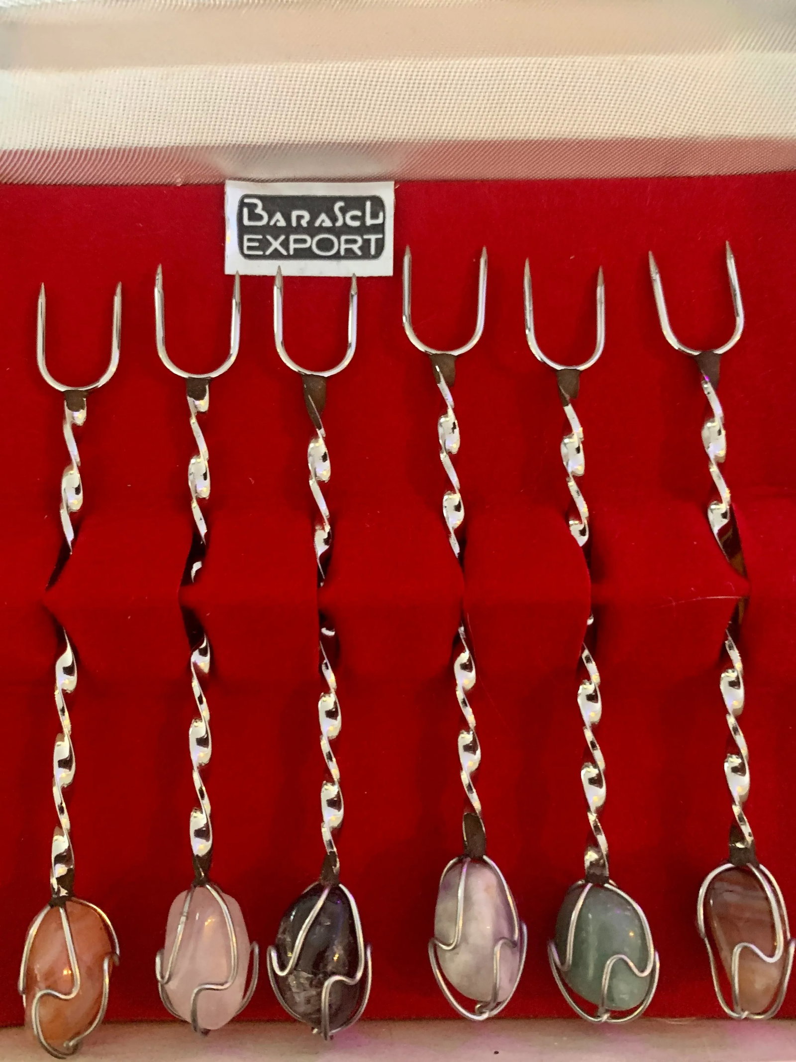 Vintage Barasch Aco Inox Semi Precious Stone Cocktail Forks- Set of 6 - 8