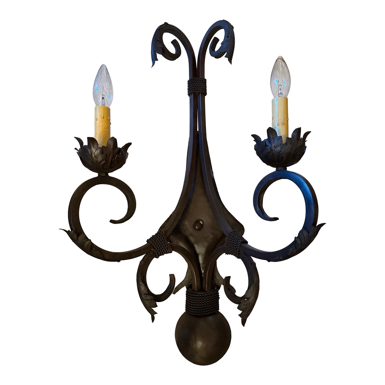 1990s 2 Light Iron Sconce With Leaf Motif: 2 Light Wrought Iron Sconce with Leaf Motif Condition: Alterations: Original Condition Unaltered Imperfections: Some Imperfections Condition Notes: Item is in great condition. No damage Materials