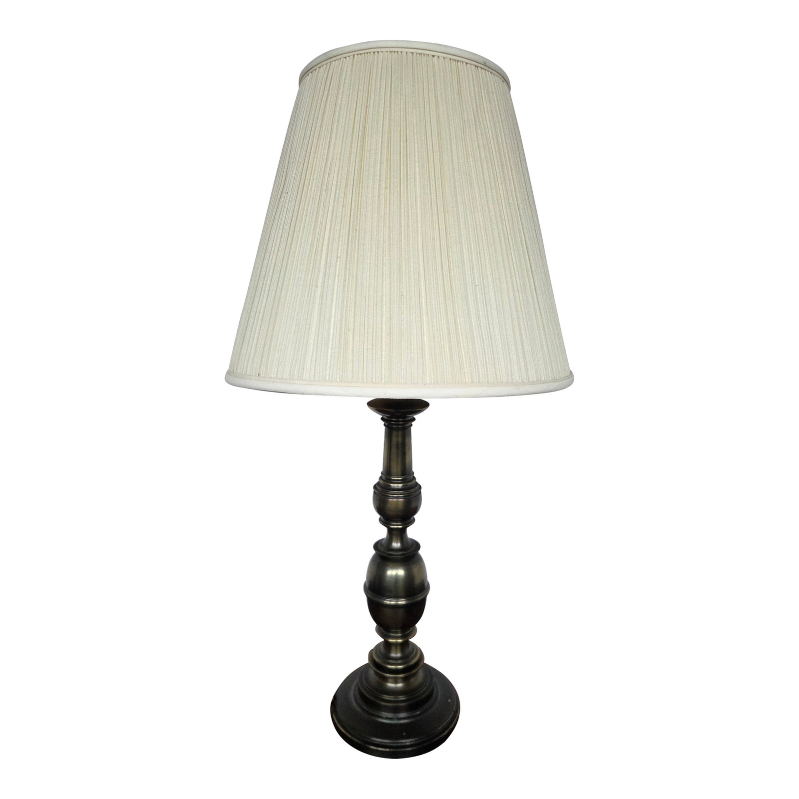 1960s Neoclassical Revival Brass Stiffel Baluster Table Lamp: This vintage Stiffel table lamp exemplifies American-made traditional lighting at its best. Crafted from solid brass, the lamp features a classic baluster-form column with stepped rings and a substant