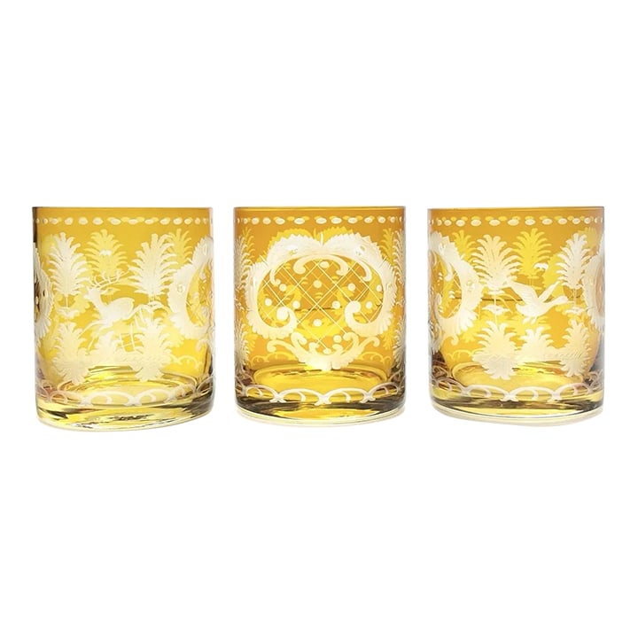 1970s Bohemian Amber Glass Cut 3 Tumbler Cocktail Glasses Wildlife Deer Duck: 1970s Bohemian Amber Glass Cut 3 Tumbler Cocktail Glasses Wildlife Deer Duck Excellent condition. No chips, cracks, or fleabites. Height 3 1/2" Width (Opening) 3" Holds 10oz Circa 1970-80s Condition:
