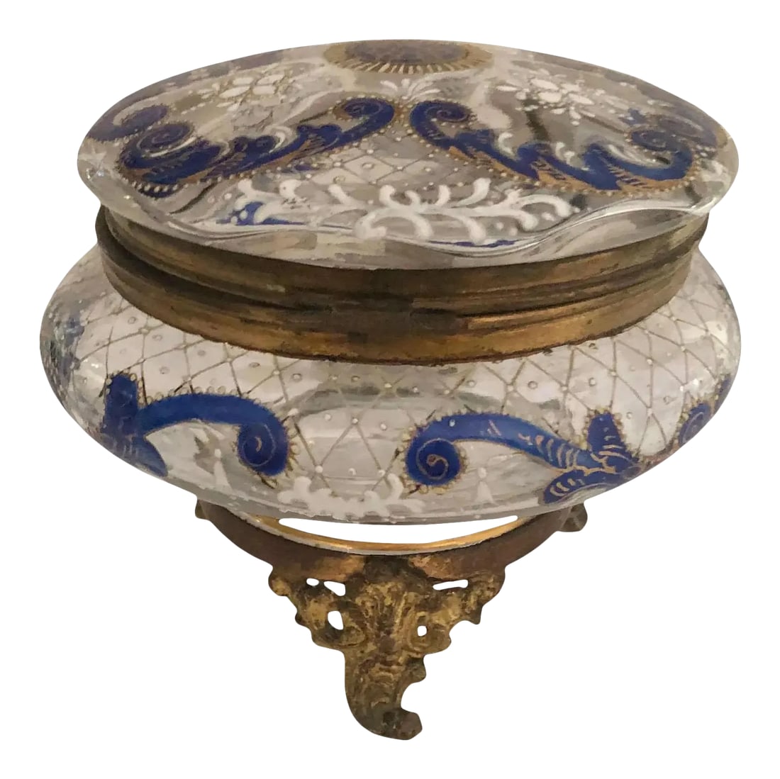 Antique French Glass and Enamel Dresser Box: An antique round dresser box from France. Clear glass with blue, white and gold enamel. Circa 1900. Condition: Alterations: Original Condition Unaltered Imperfections: Some Imperfections Condition