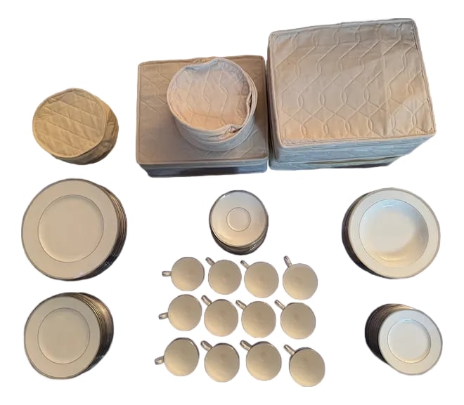 Fine China-Waterford Kilbarry Platinum (Place Setting for 12)-72 Piece New: Gorgeous new fine china, white with platinum rim. Beautiful neutral color makes it easy to add any color linens to the table finish the look. It was purchased but never used. It has been stored in chi