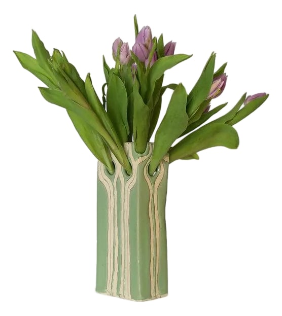 Reverse Art Nouveau Tulipiere Vase: The concept of reversal becomes both literal and philosophical in this companion piece. Where that piece used iron oxide lines to define flowing forms, this one employs mishima inlay-dark clay pressed