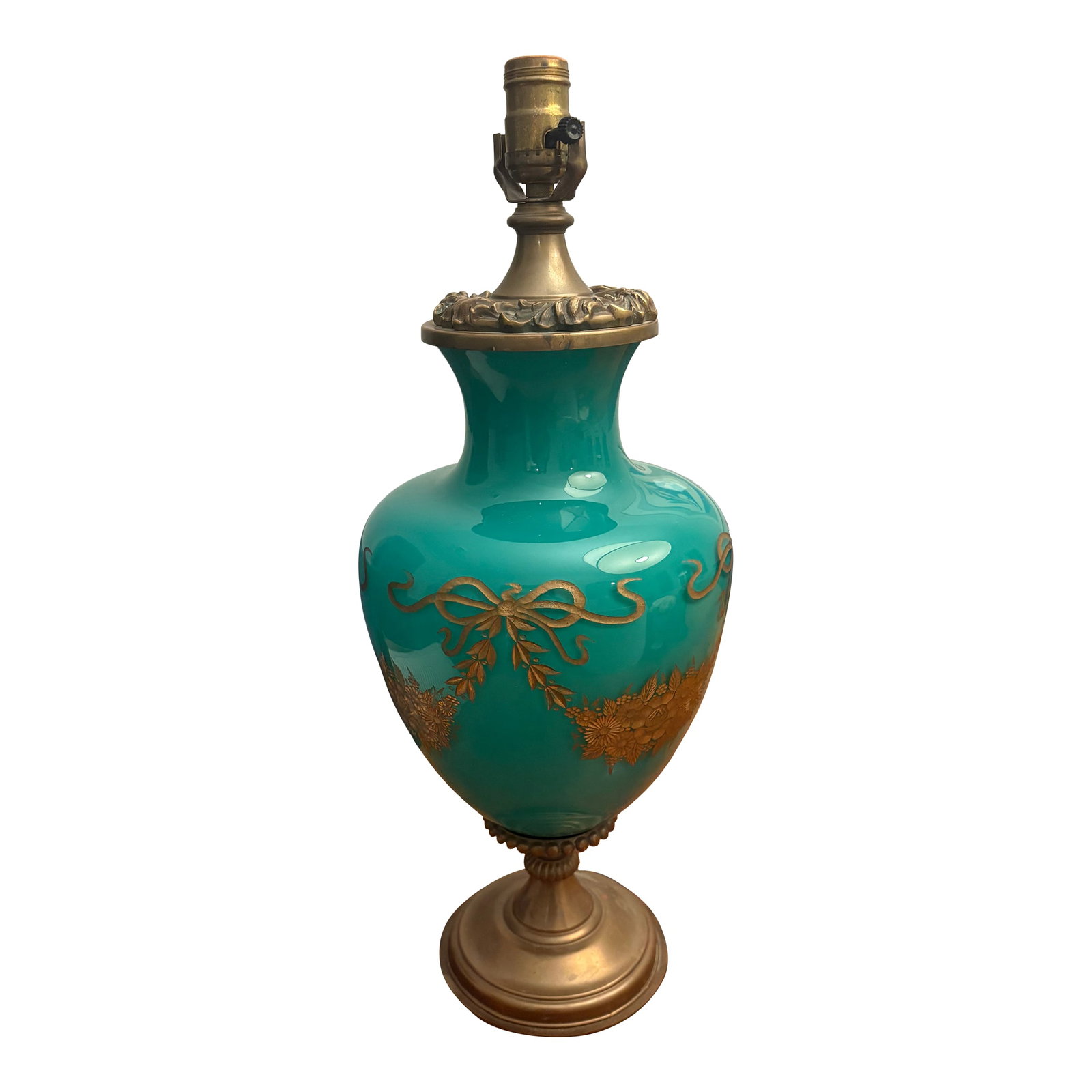 Gorgeous Vintage Brass and Gold Etched Glass Lamp: This vintage lamp is special. Gorgeous blue green (teal) glass is etched with gold flowers and the brass detailing is beautiful. This lamp will make you smile in any room. Condition: Alterations: