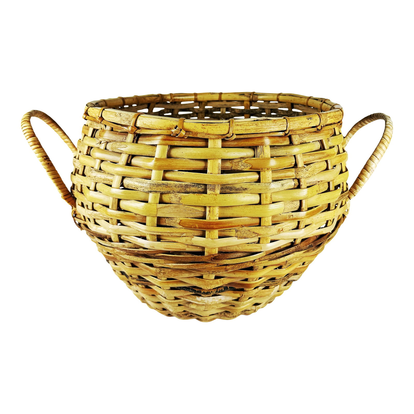 Extra Large Vintage Handwoven Reef Basket With Wrapped Handles, Coastal Rustic Decor: Extra-large vintage handwoven reef basket featuring a classic flared form and beautifully aged honey-toned patina. Crafted from split rattan/reed with substantial structural ribs and integrated wrappe