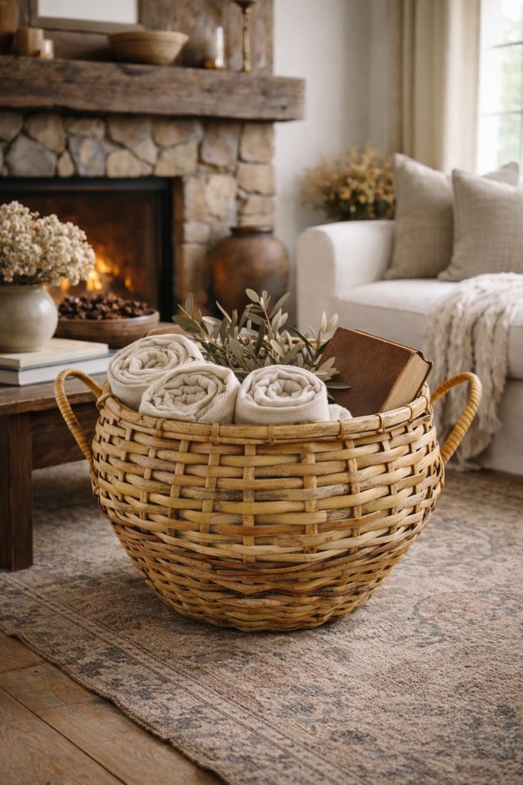 Extra Large Vintage Handwoven Reef Basket With Wrapped Handles, Coastal Rustic Decor - 9