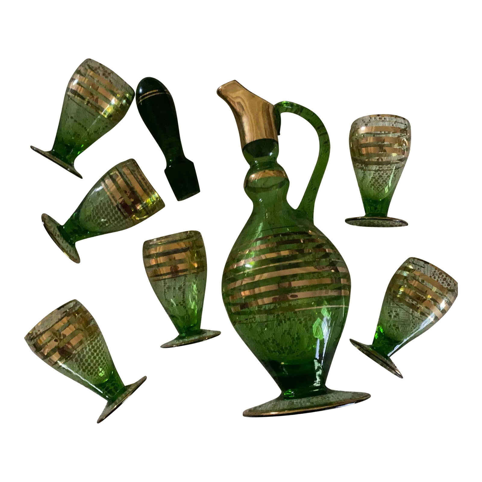 Vintage Made in Roumania Green and Gold Gilded Glass Decanter and Glassware Set (1 of 5)