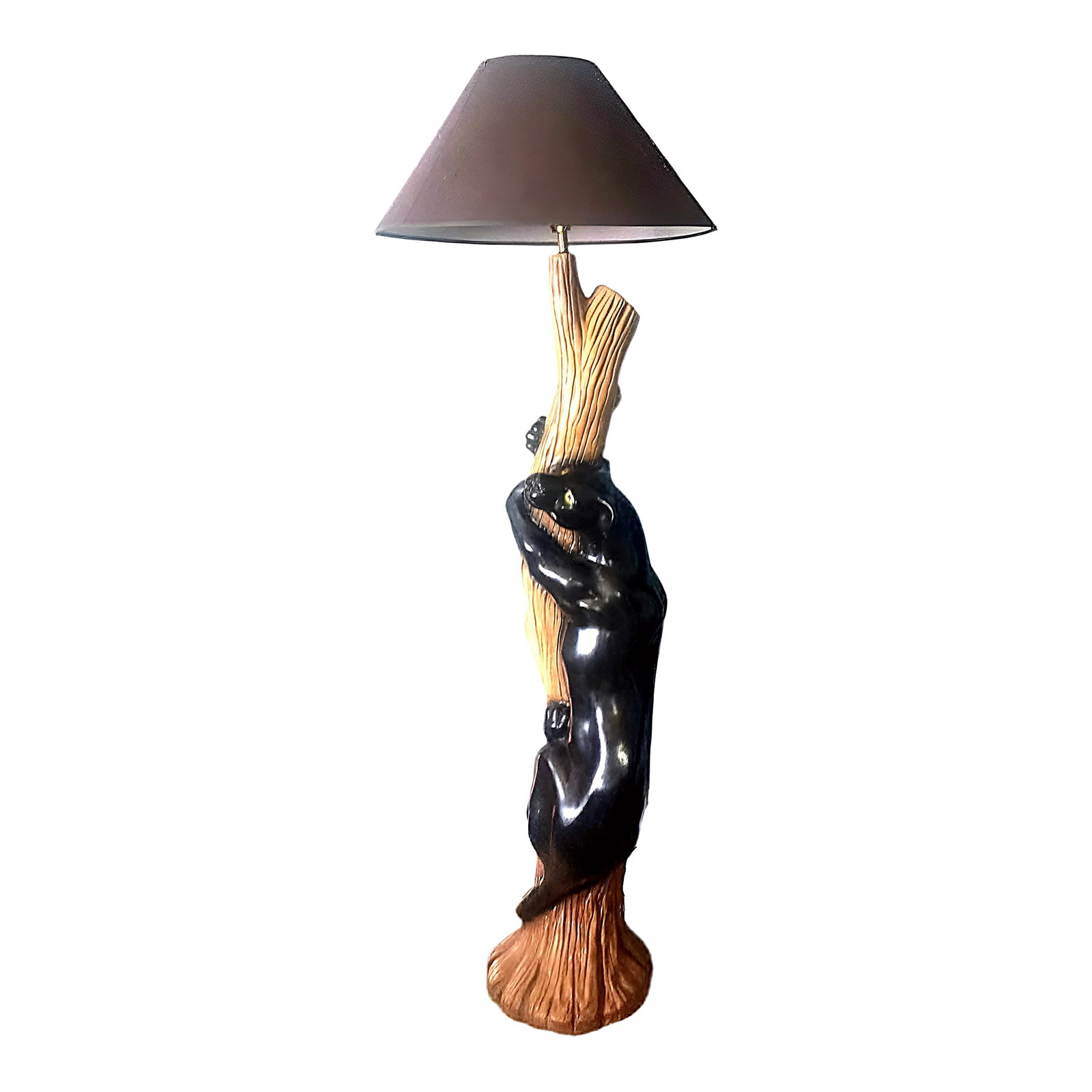 1980s Black Panther Floor Lamp With Original Shade: Capturing the high-octane glamour of the late 1970s and early 1980s, this monumental floor lamp is a rare find in the "life-size" category. Standing over five feet tall, the lamp features a sleek, pro