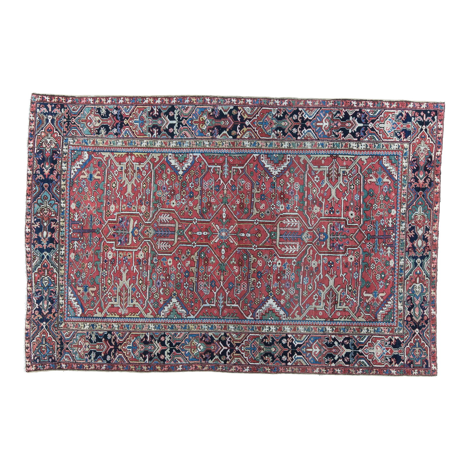 Heriz Carpet 10.11x7.5 Oriental Rug, Nw Persia 1920s Rug: The madder red field of this Heriz carpet shows an open angular,multi-level arabesque enclosing palmettes,rosettes,lesser vine and herringbone pattern shrubs. Among the detail tones there is a widely 