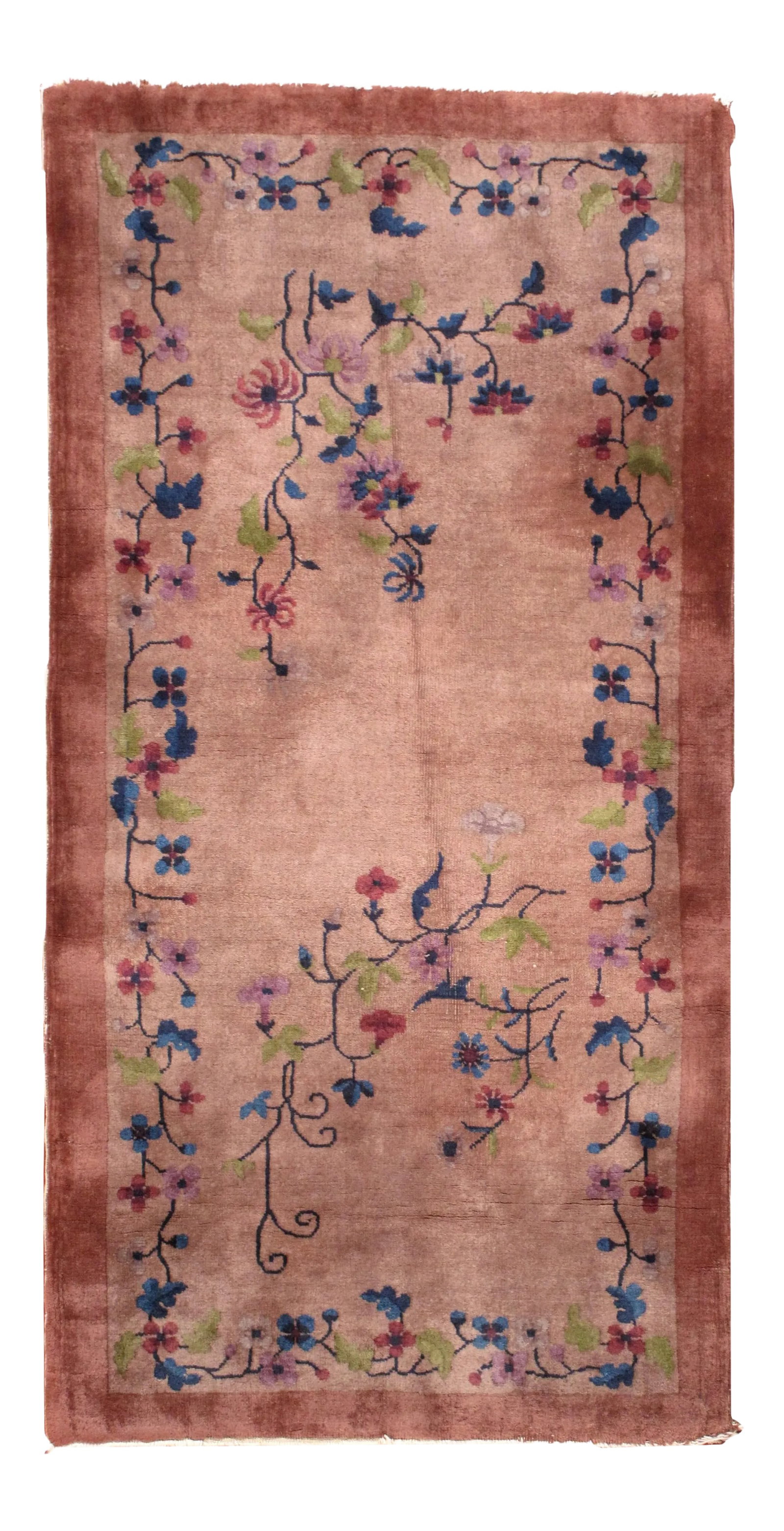 1920s Handmade Antique Art Deco Chinese Rug 3' X 6': Art Deco Chinese rug in original good condition from the beginning of 20th century. This rug made in different shades of burgundy colour and it is in floral design. -condition: original good, -circa: