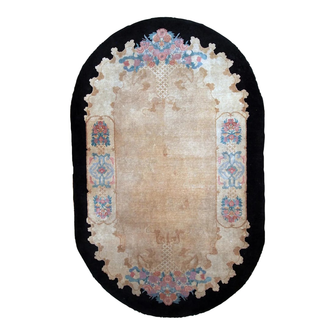 1920s Handmade Antique Art Deco Chinese Rug 4.10' X 8': Handmade antique oval Art Deco Chinese rug in light brown shade with black border. The rug is in original good condition. -condition: original good, -circa: 1920s, -size: 4.10' x 8' ( 150cm x 243cm