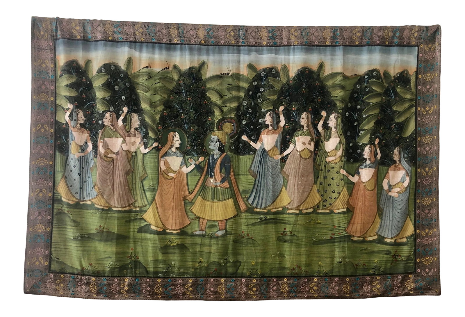 1970s Large Indian Silk Tapestry Art: This large Indian tapestry is a work of art! Painted on raw silk by skilled artisans back in the 1970s, it's approximately 71 inches by 47 inches (there is no width measurement because this is