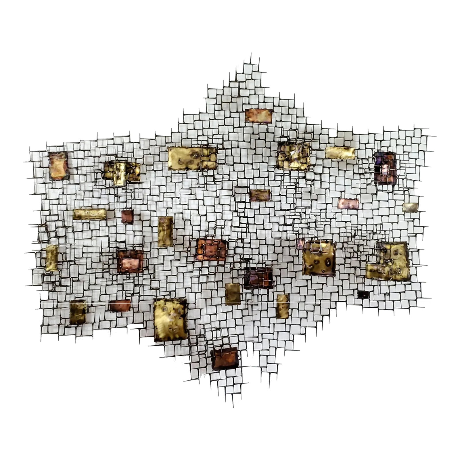 Large Abstract Nail and Bronze Welded Wall Sculpture: This Large Wall Sculpture consist in two pieces hung together to create a single art piece and can be hung in a variety of different positions. It is made of multiple layers of vintage mason nails wel