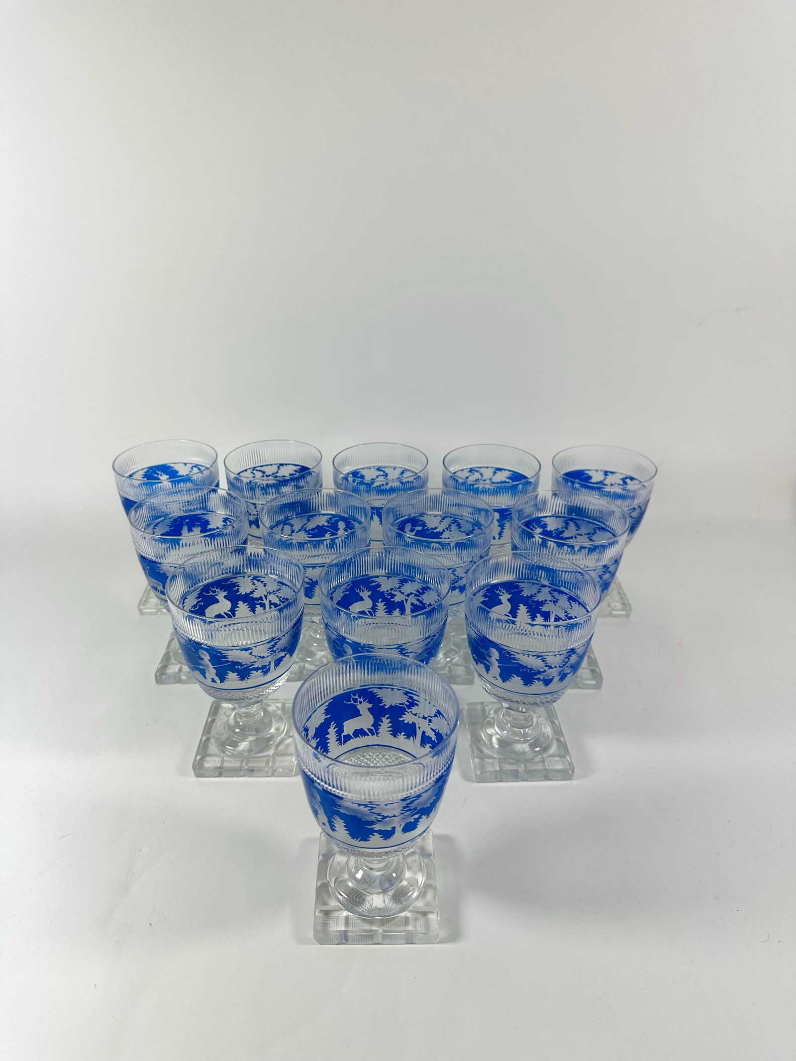 Mid 19th Century Bohemian Blue Overlay Cut Glass Goblets - Set of 10 - 7
