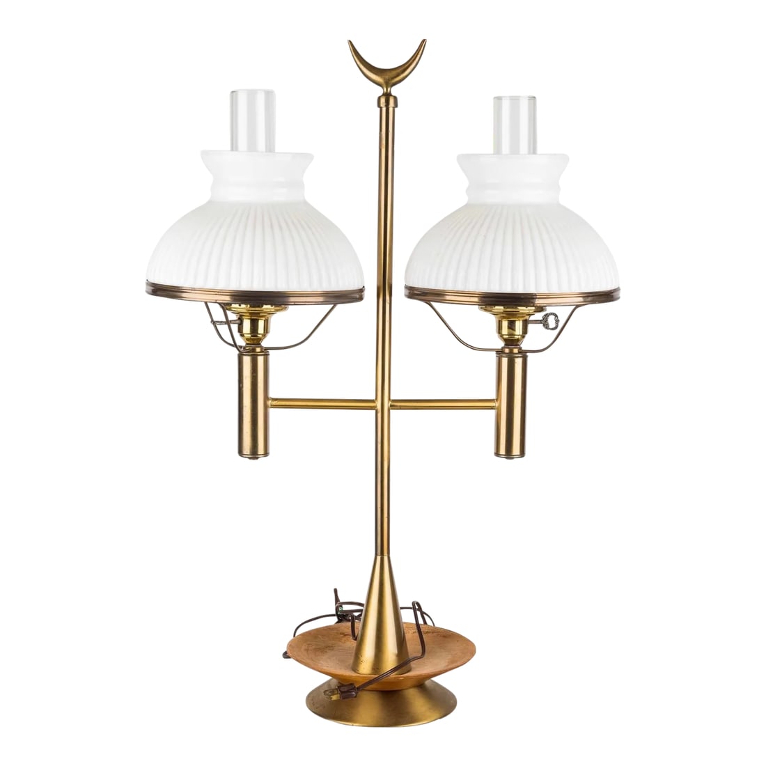 Mid-Century Double Light Student Table Lamp: Danish, modern design with wooden base, brass body, and two milk, glass shades. Item measures approximately 32 inches in height to central finial Condition: Alterations: Original Condition Unaltered