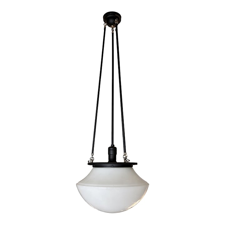 Late 20th Century Oil-Rubbed Bronze Hood Pendant With Opal Glass Shade: Oil-rubbed bronze pendant with a round opal glass bowl shade. The shade is suspended from a circular ceiling canopy by three straight rods. A dark bronze metal ring sits at the top of the glass bowl,