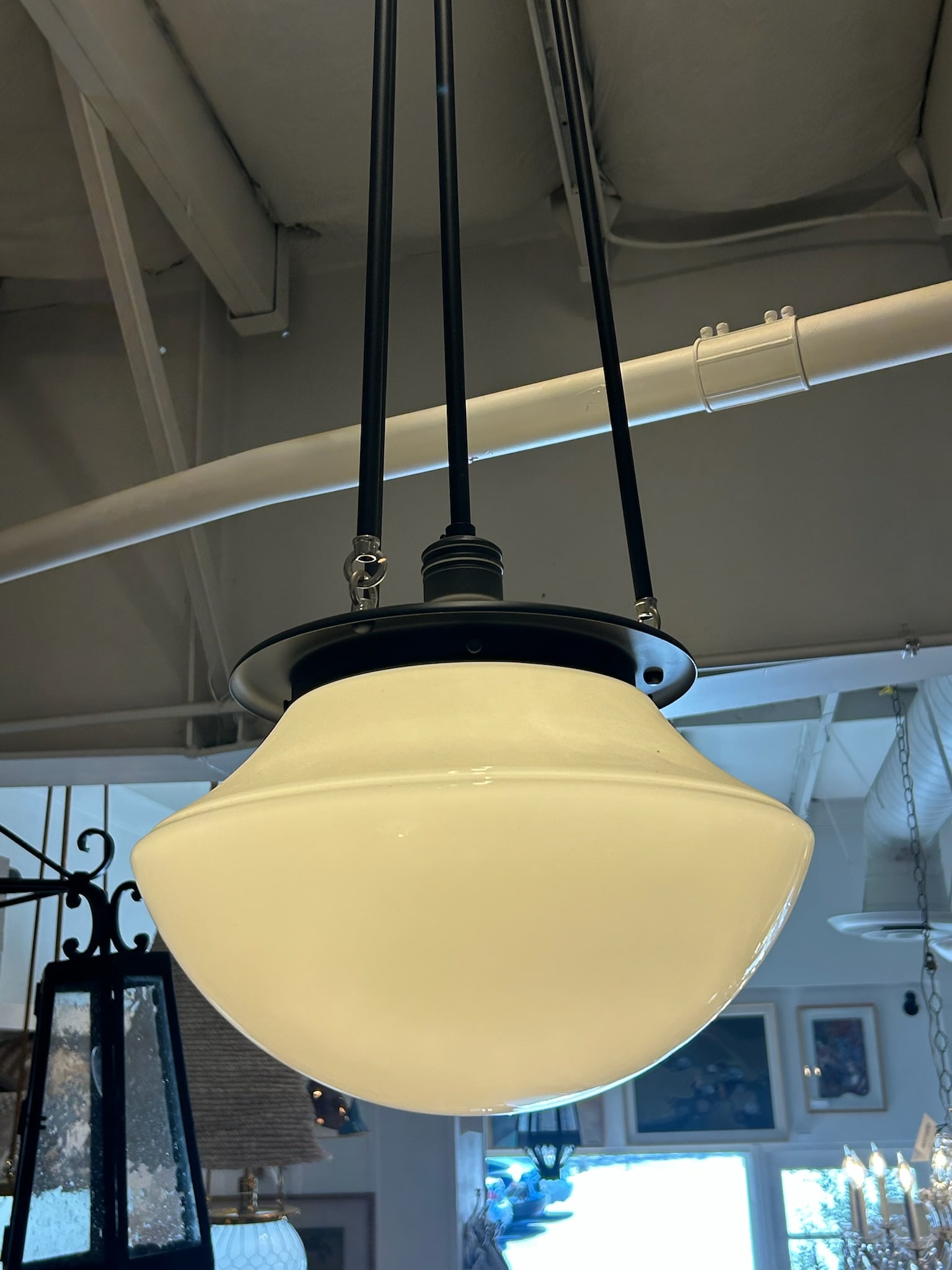 Late 20th Century Oil-Rubbed Bronze Hood Pendant With Opal Glass Shade - 2