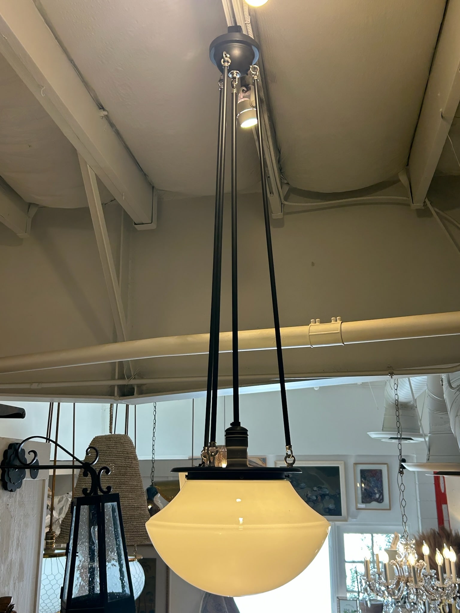 Late 20th Century Oil-Rubbed Bronze Hood Pendant With Opal Glass Shade - 3