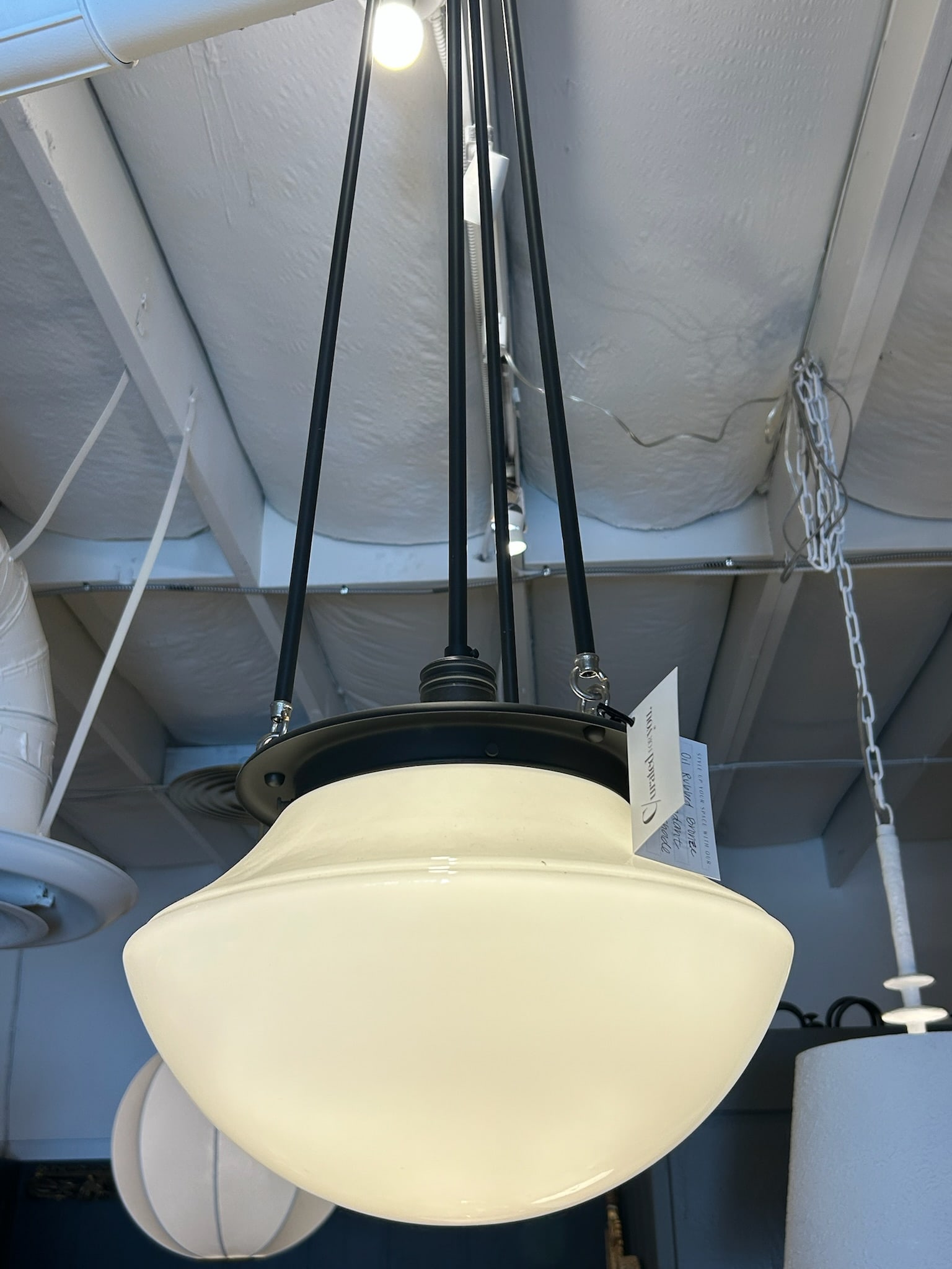Late 20th Century Oil-Rubbed Bronze Hood Pendant With Opal Glass Shade - 8
