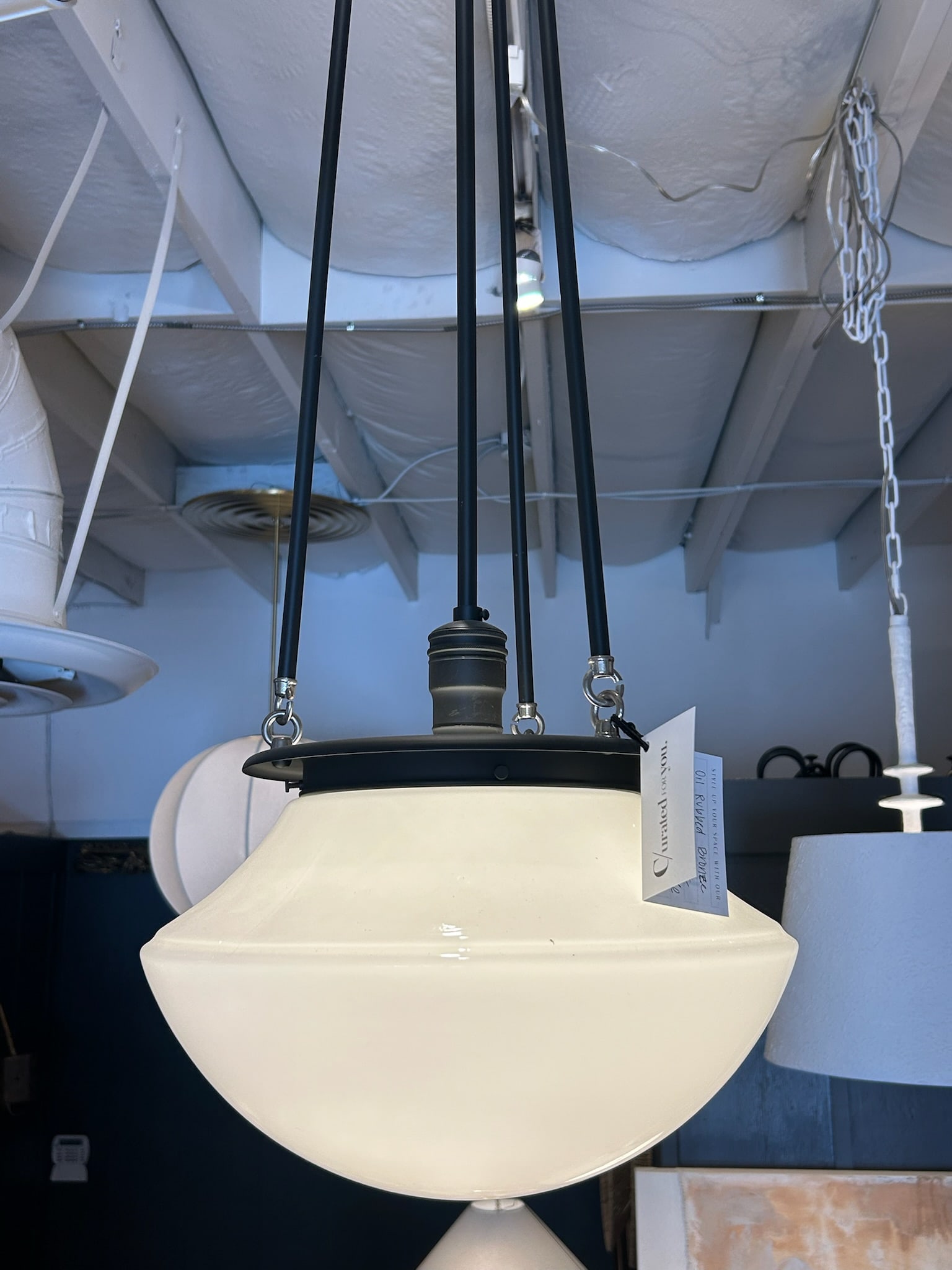 Late 20th Century Oil-Rubbed Bronze Hood Pendant With Opal Glass Shade - 9