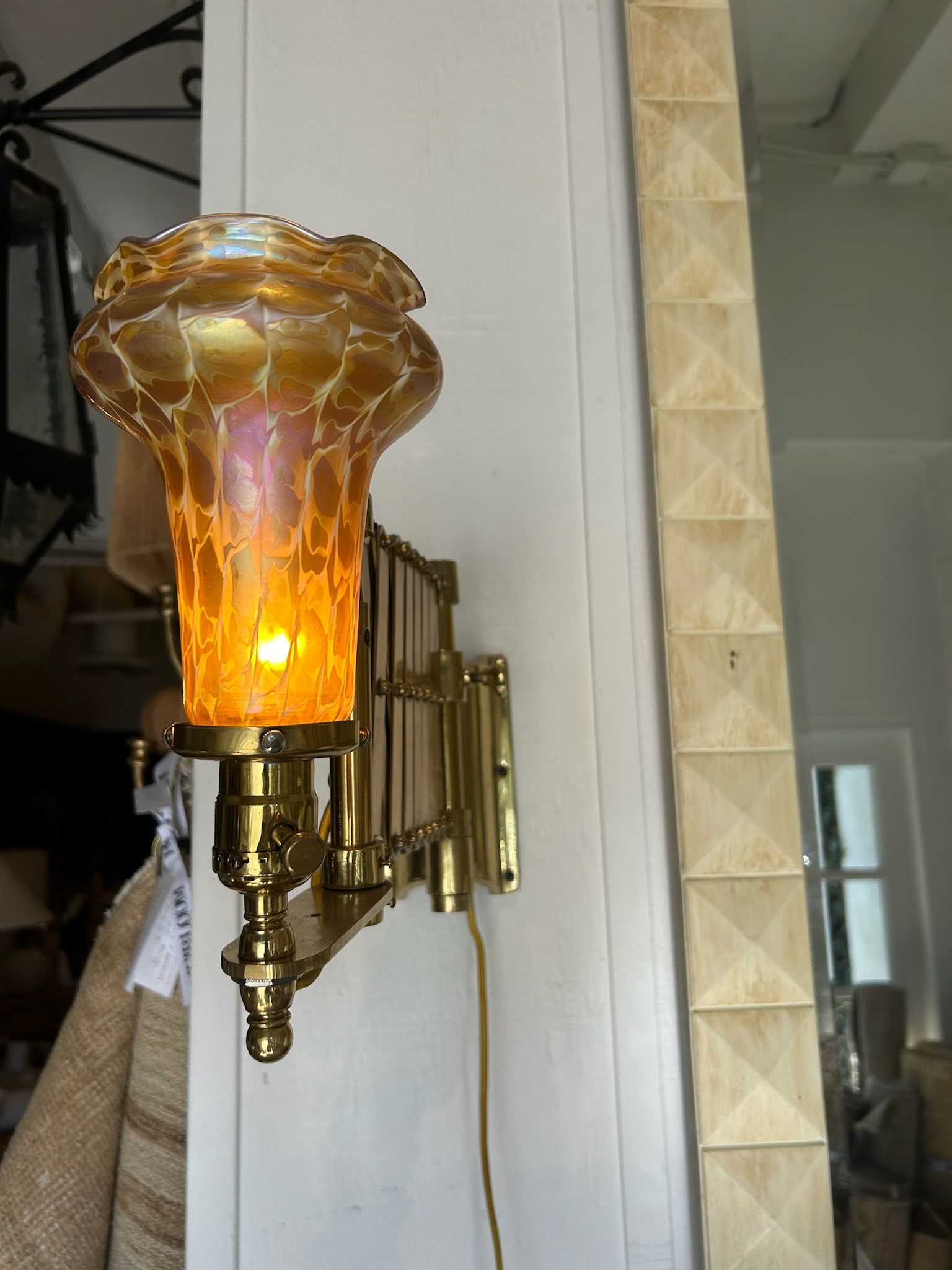 Vintage Brass Scissor Wall Lamp With Iridescent Glass Shade - 11