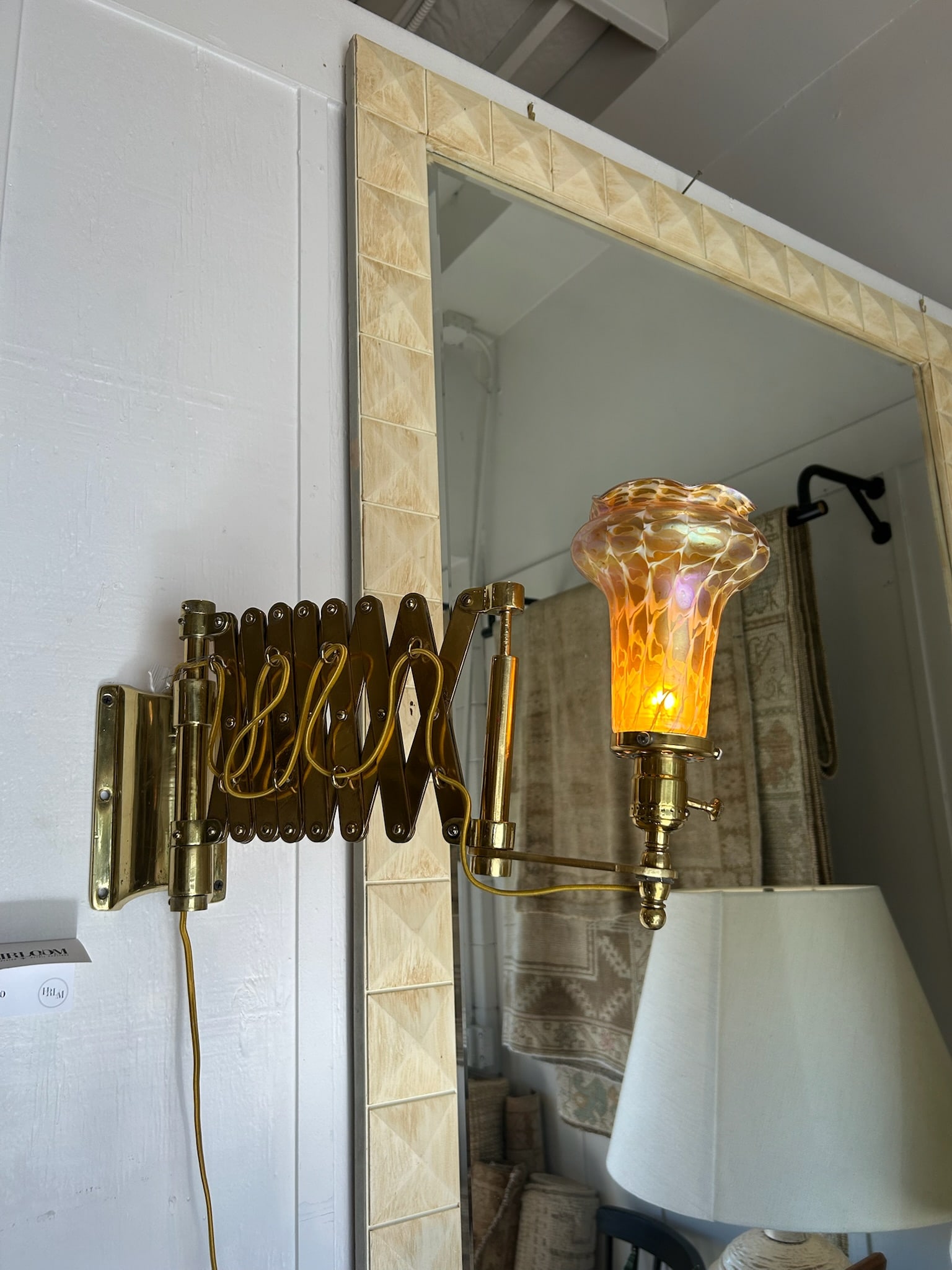 Vintage Brass Scissor Wall Lamp With Iridescent Glass Shade - 12