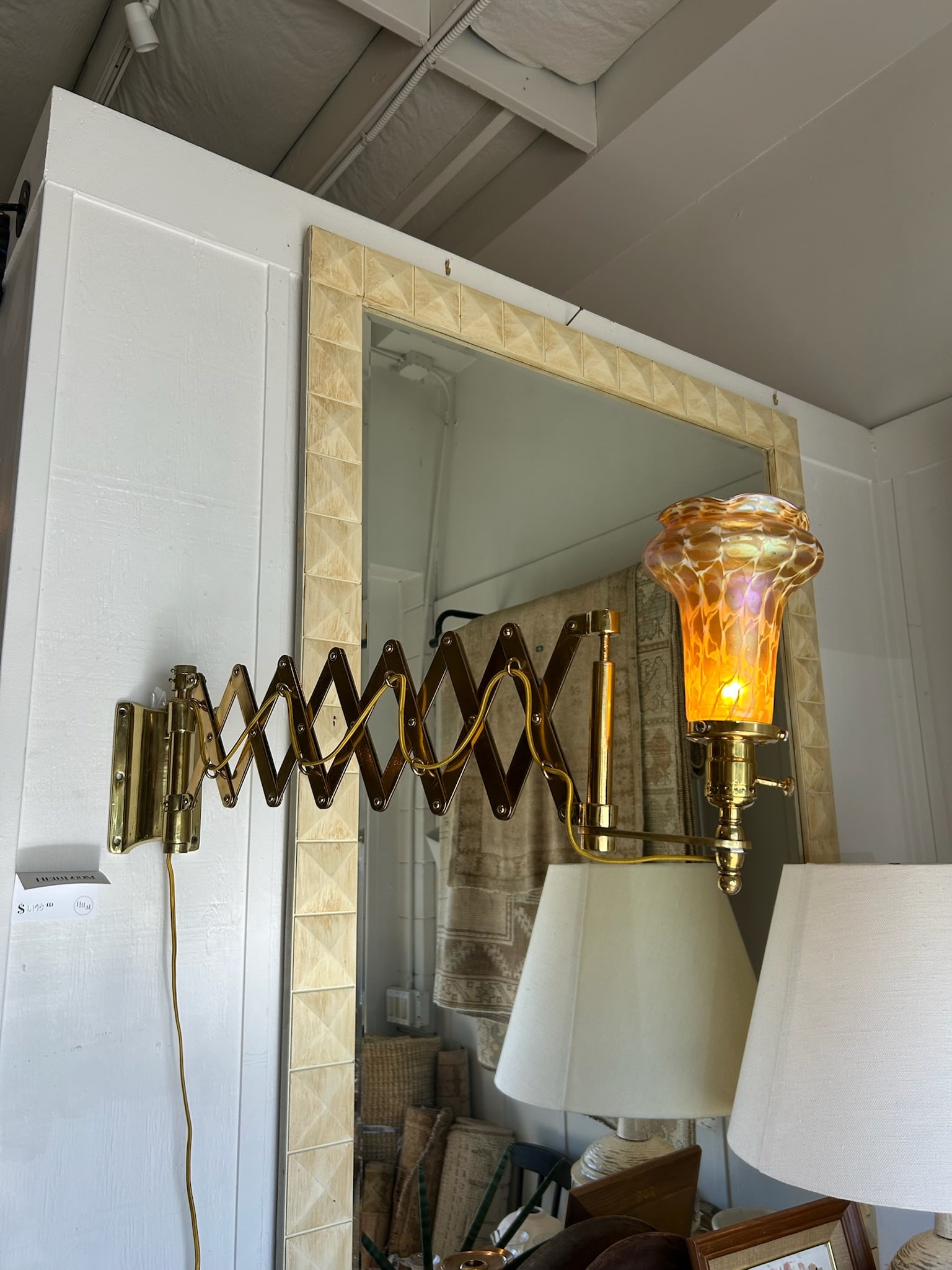 Vintage Brass Scissor Wall Lamp With Iridescent Glass Shade - 13