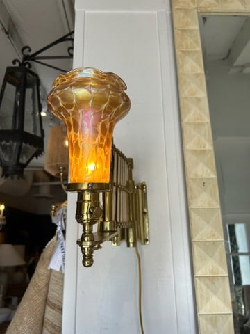 Vintage Brass Scissor Wall Lamp With Iridescent Glass Shade - 2