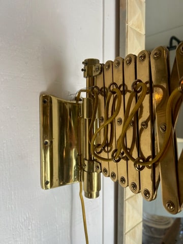 Vintage Brass Scissor Wall Lamp With Iridescent Glass Shade - 3