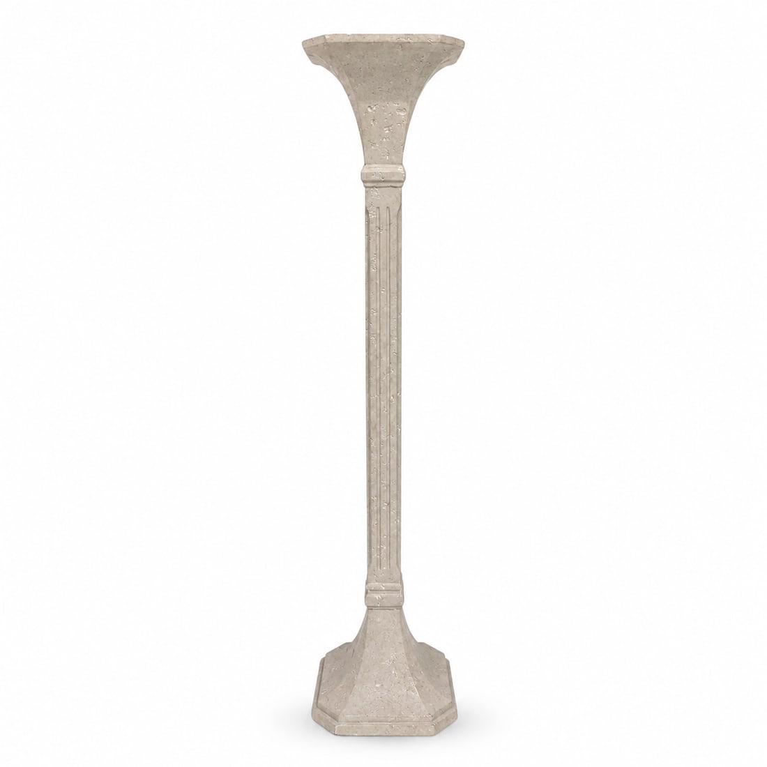 Vintage Travertine Stone Floor Lamp: Beautiful vintage travertine floor lamp. This lamp is made of solid stone, it is very heavy and sturdy. Beautiful ivory colored stone with elegant shape and carved design. 69 h 13 w/d Condition:
