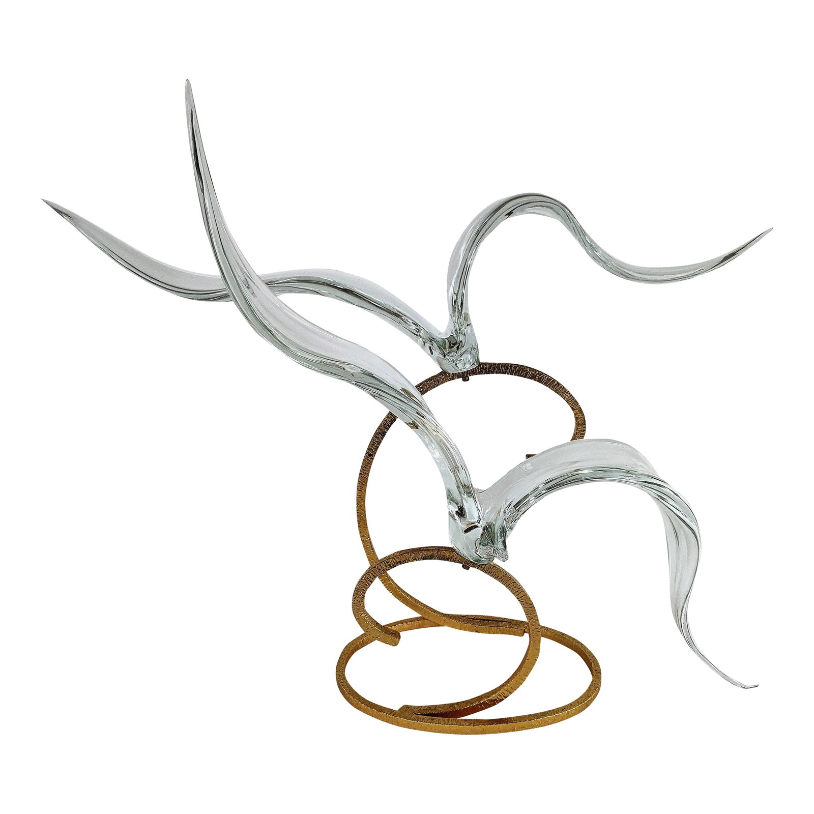 Licio Zanetti Murano Art Glass Sculpture Seagulls Signed: A Murano glass sculpture by Italian glass artist, signed Licio Zanetti. Clear glass seagulls standing on scrolled iron base embellished in gold leaf. Great condition. Condition: Alterations: Original